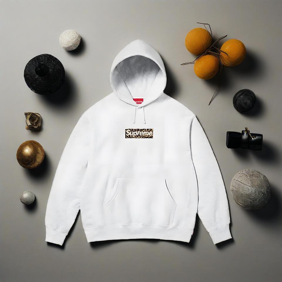 Supreme Leopard Logo White Cotton Hooded Sweatshirt
