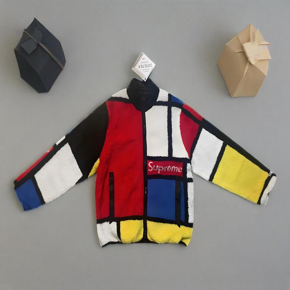 Supreme Mondrian Geometric Fleece Jacket Unisex Winter Warm Streetwear