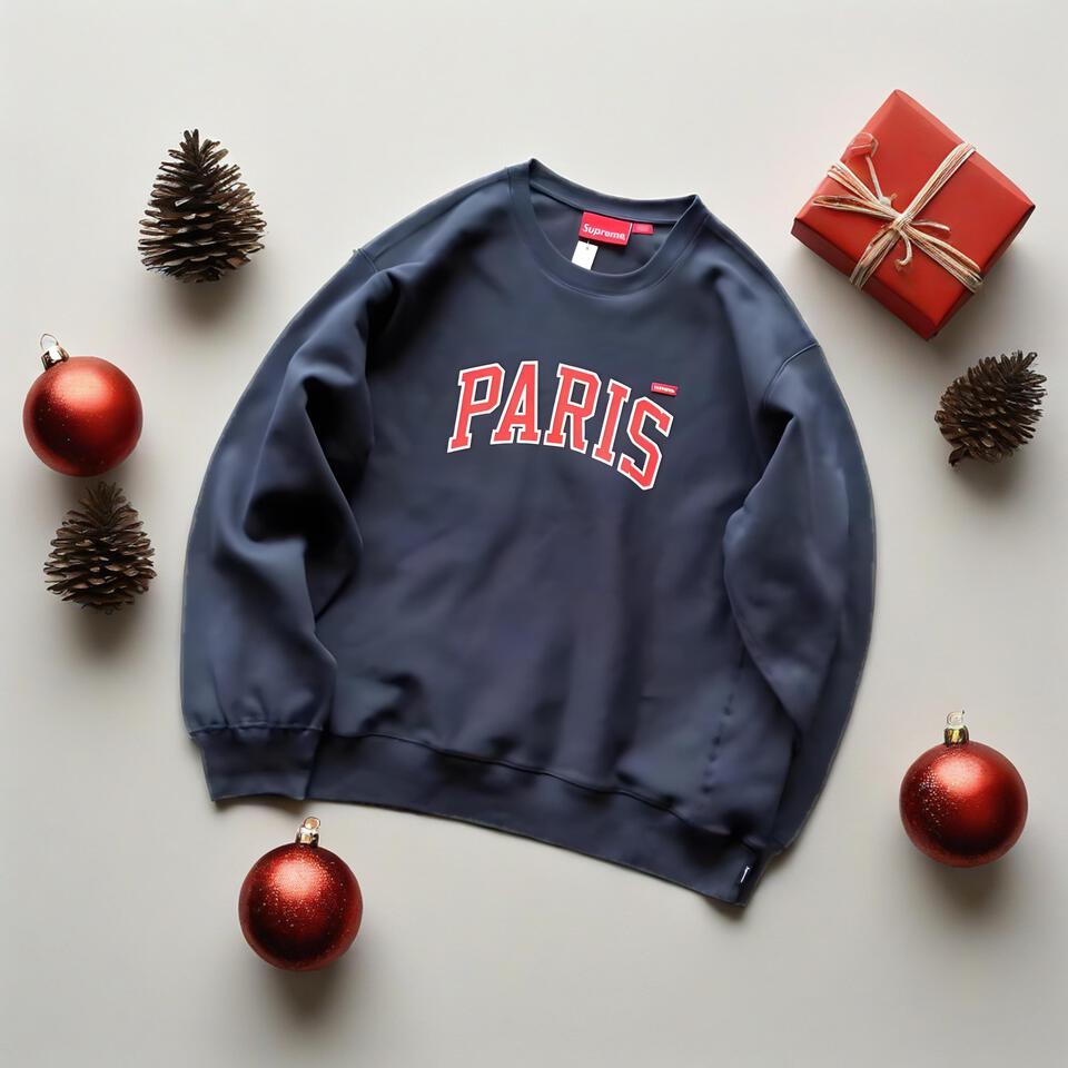 Supreme Paris Red Print Navy Blue Cotton Loose Hoodie