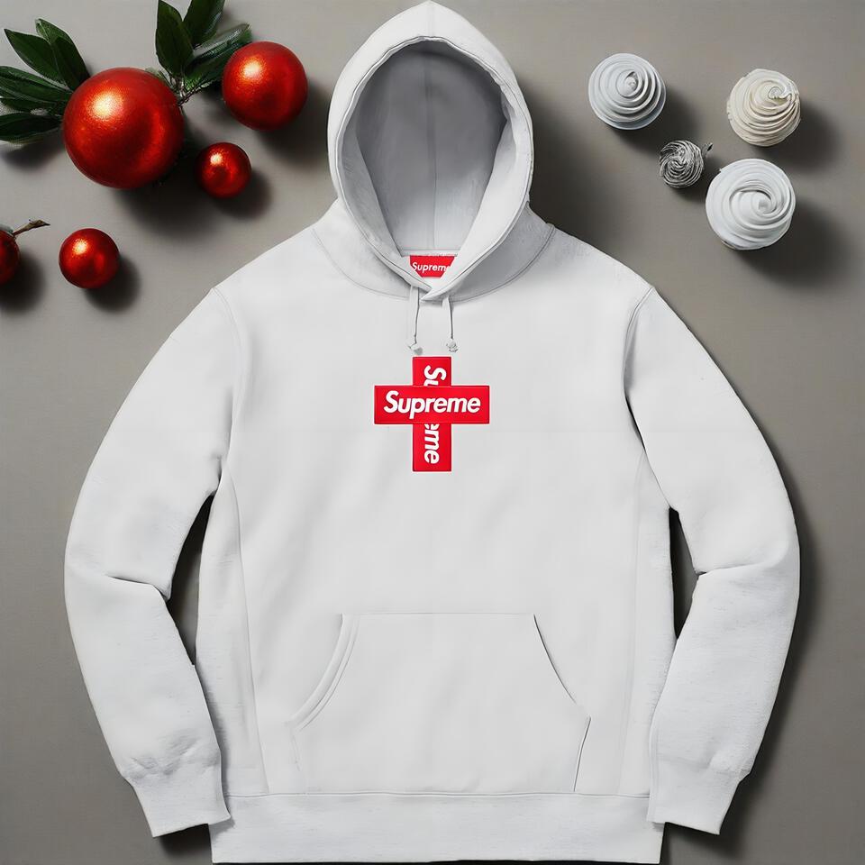 Supreme Red Cross Print Grey Cotton Hooded Sweatshirt