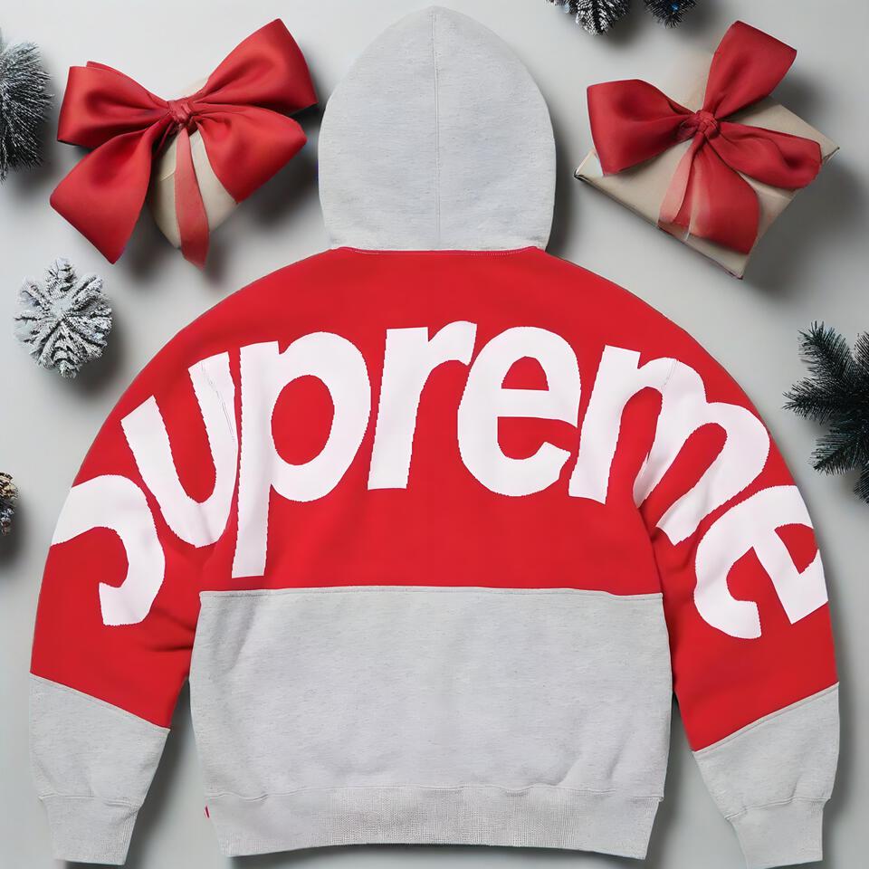 Supreme Red Grey Colorblock Hoodie Unisex Streetwear