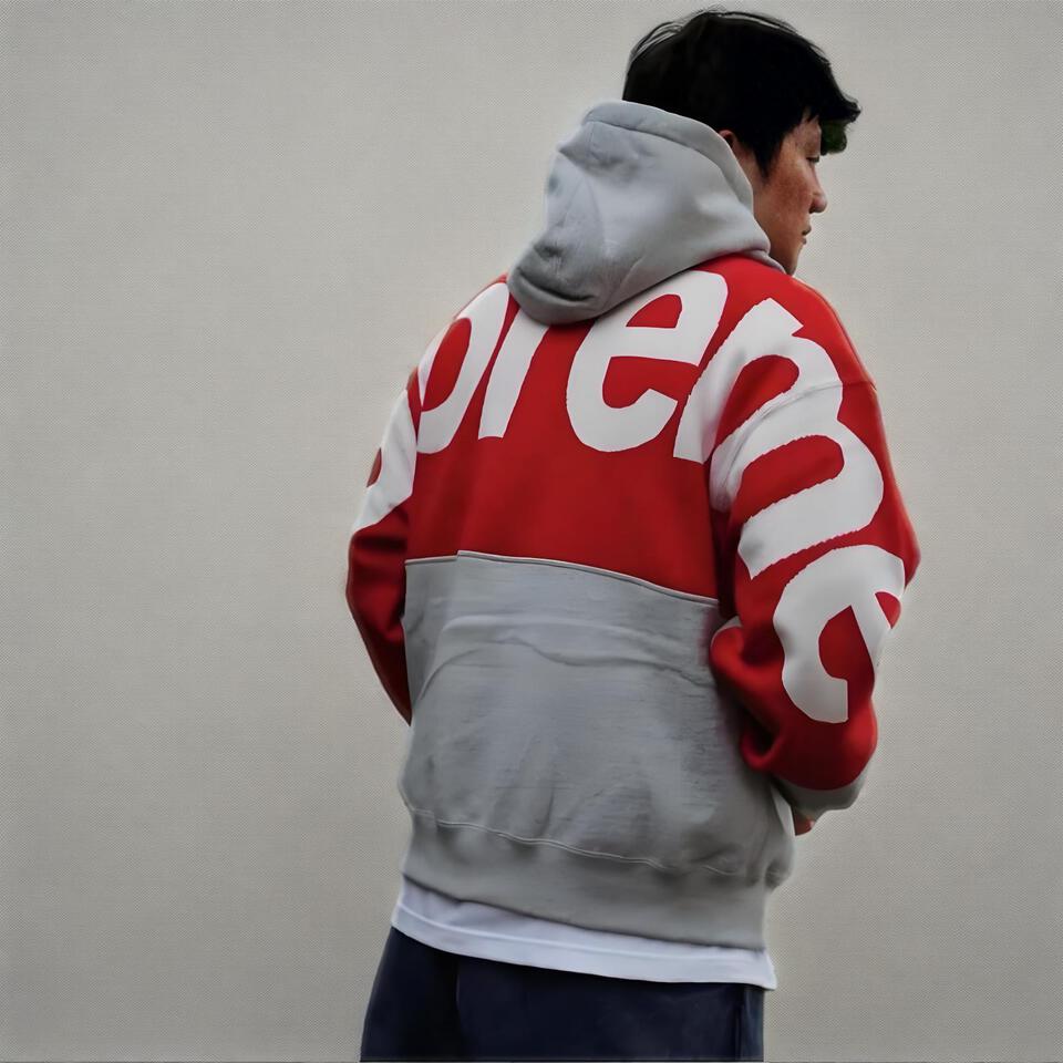 Supreme Red Grey Contrast Hooded Sweatshirt