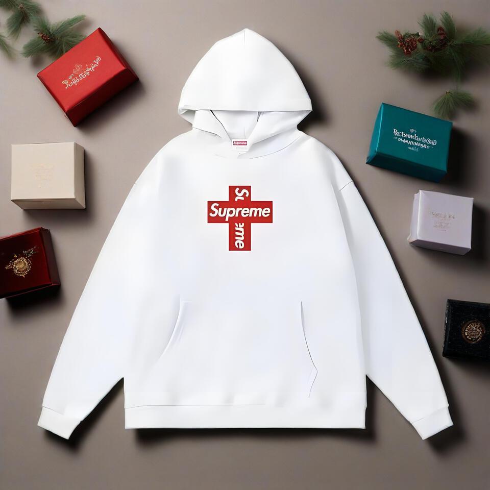 Supreme White Hoodie Streetwear Cross Print Oversized Fit