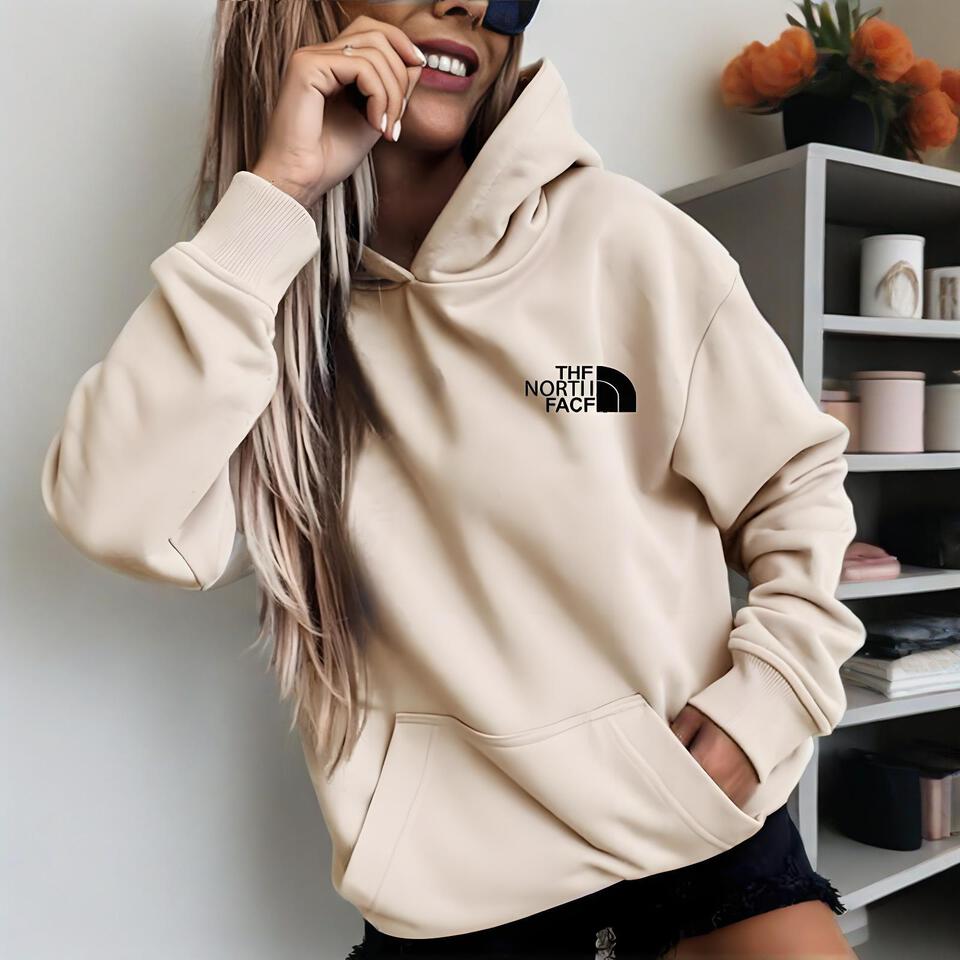 The North Face Cream Cotton Hoodie Unisex Streetwear Casual
