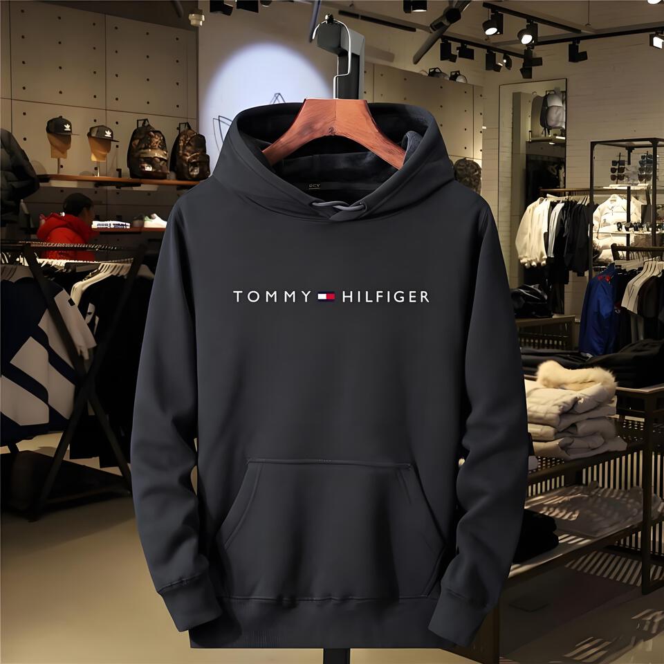 Tommy Hilfiger Black Cotton Hoodie Unisex Casual Fit