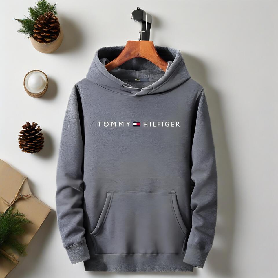 Tommy Hilfiger Grey Hooded Sweatshirt Unisex Cotton Casual