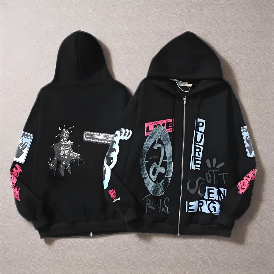 Travis Scott Hoodie Black Cotton Graffiti Pullover