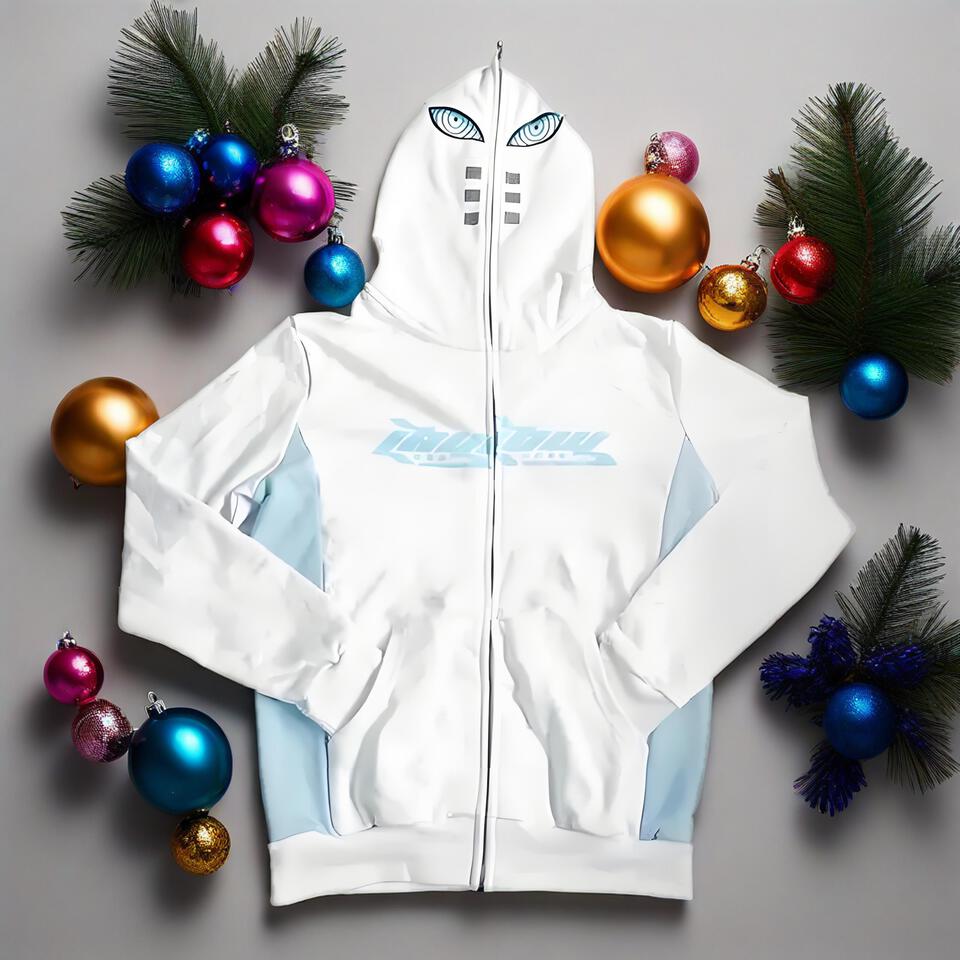 Unisex Anime Zip Hoodie White Cotton Blend Streetwear