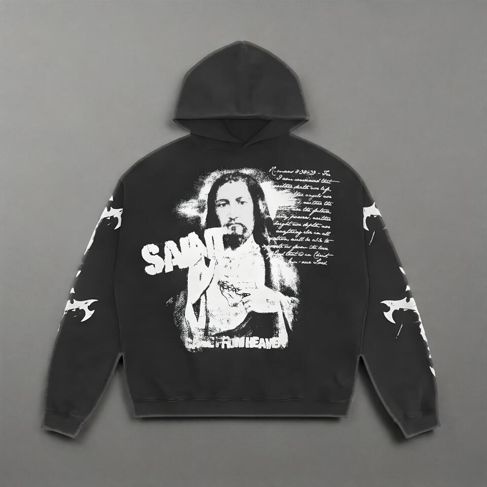 Unisex Black Cotton Hoodie Religious Graffiti Streetwear