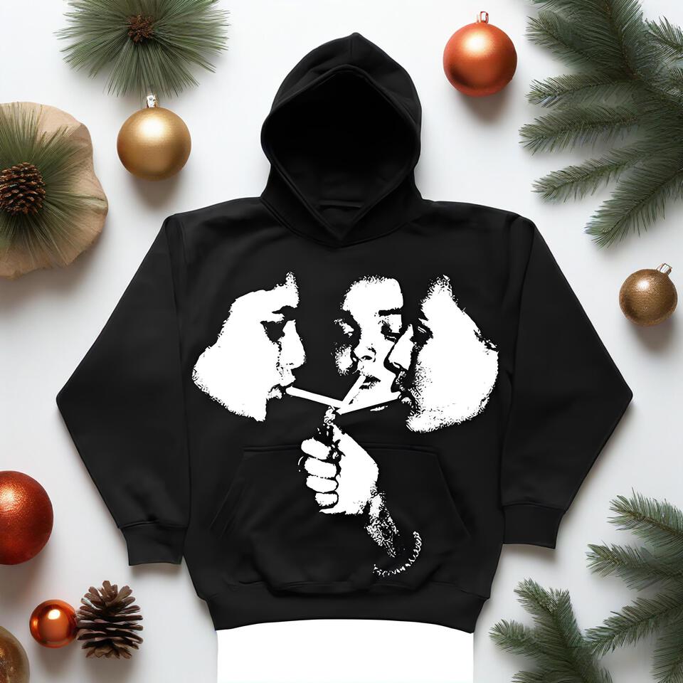 Unisex Black Cotton Hoodie With Portrait Print Street Style