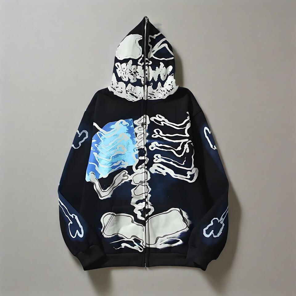 Unisex Black Cotton Hoodie With Skeleton Print Streetwear