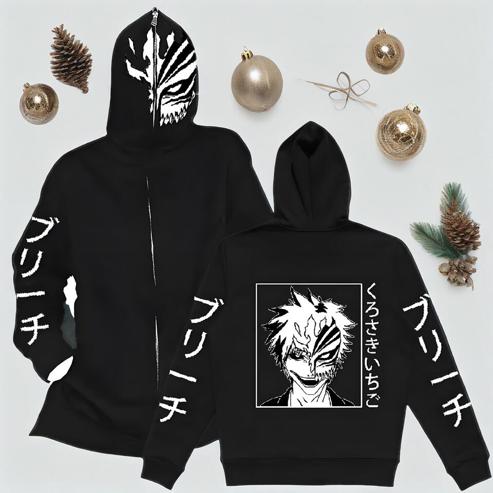 Unisex Black Cotton Zip Hoodie Anime Streetwear