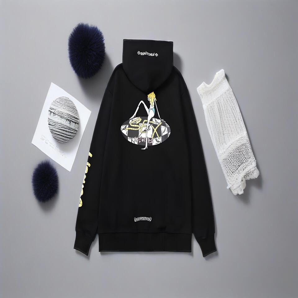 Unisex Black Embroidered Hoodie Streetwear Cotton Pullover