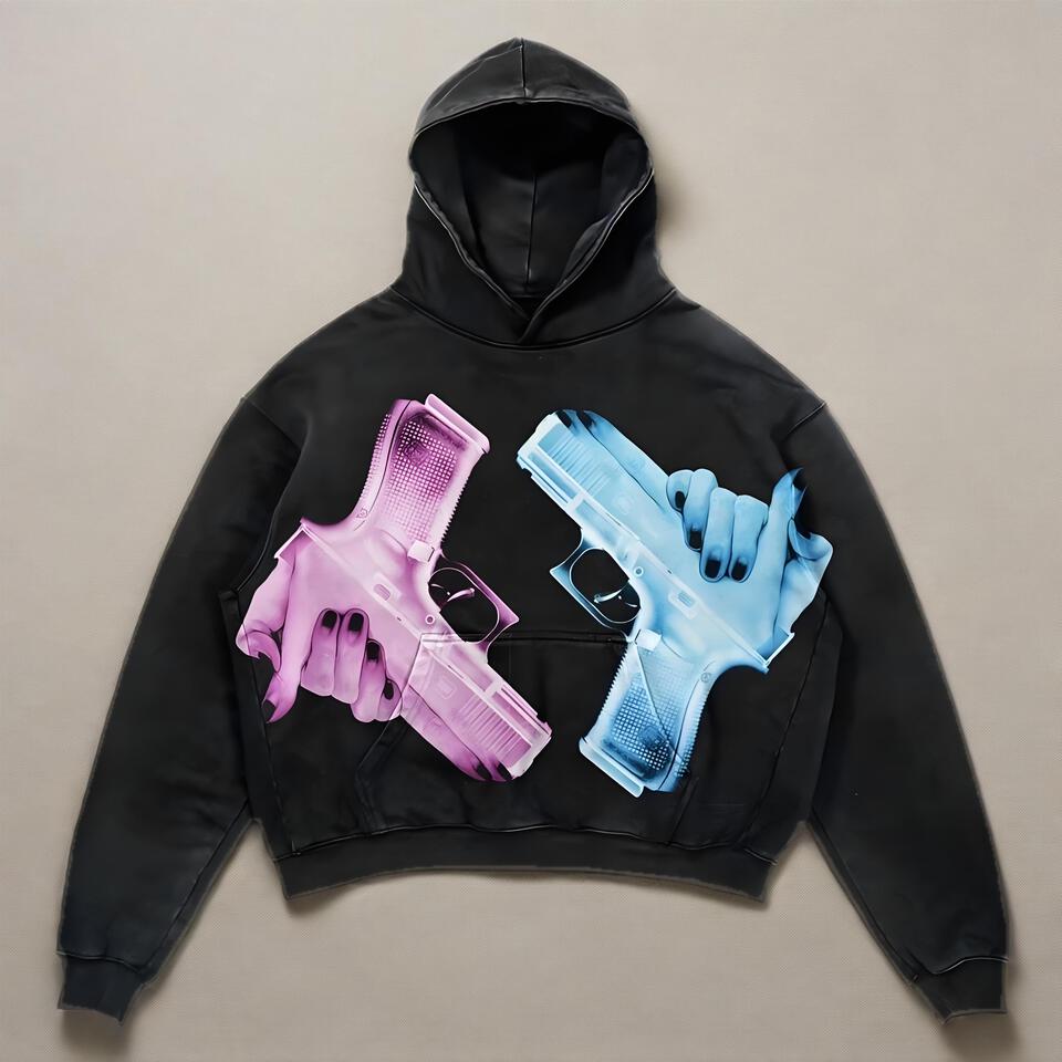 Unisex Black Hoodie Gun Print Comfortable Cotton Streetwear