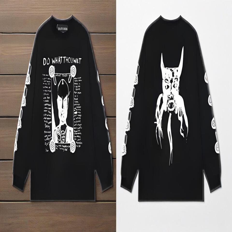 Unisex Black Long Sleeve T-Shirt Loose Cotton Streetwear Print