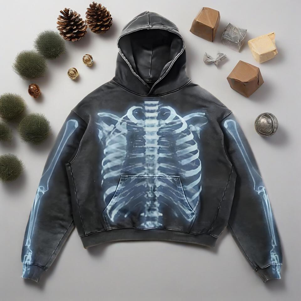 Unisex Black Washed Hoodie with X-Ray Print