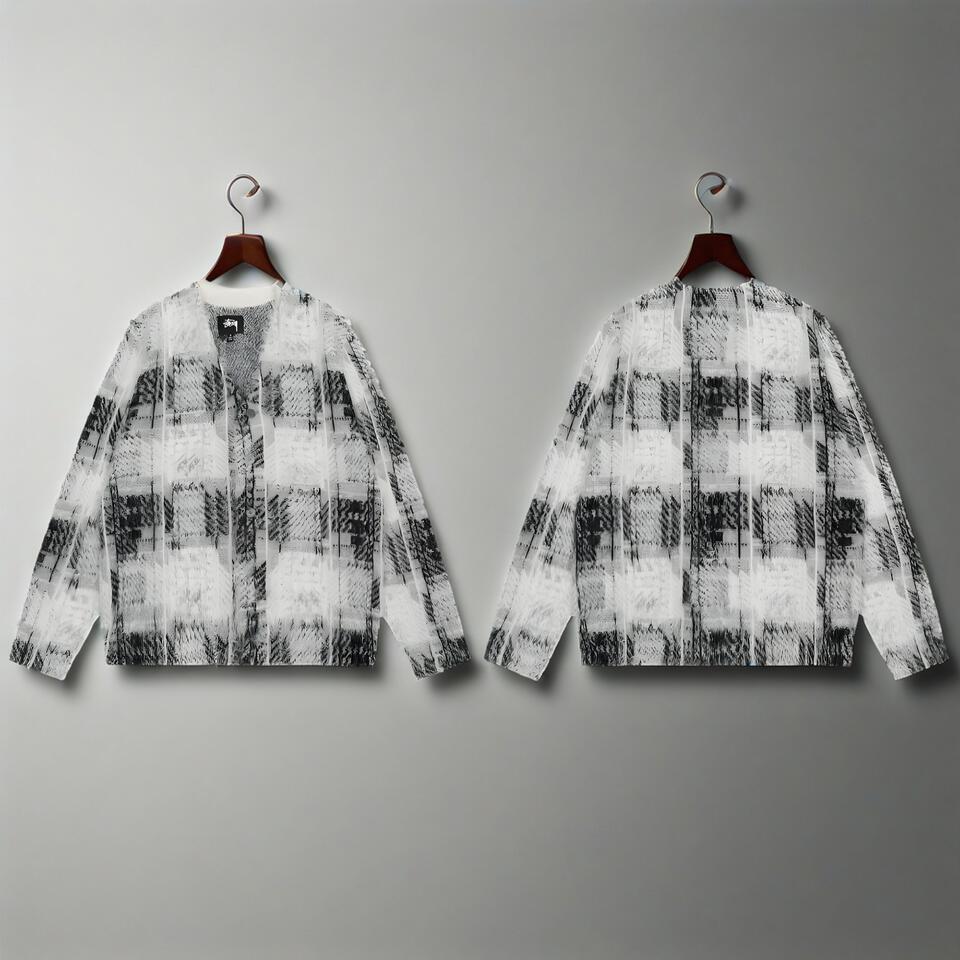 Unisex Black White Plaid Knit Cardigan Coat