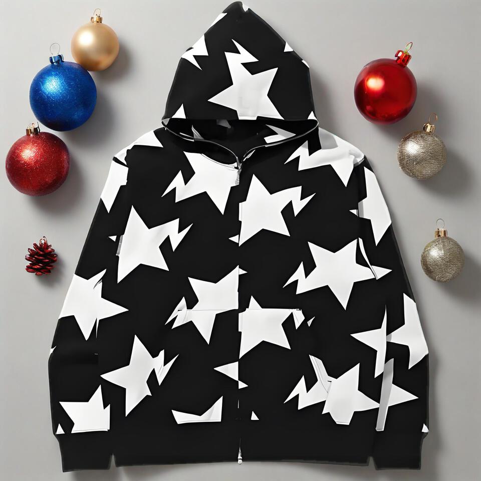 Unisex Black White Star Print Hooded Zip-Up Sweatshirt