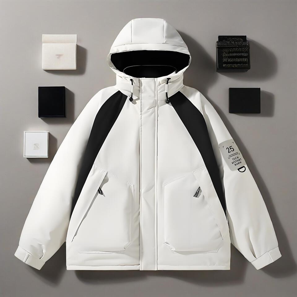Unisex Black White Windproof Hooded Jacket