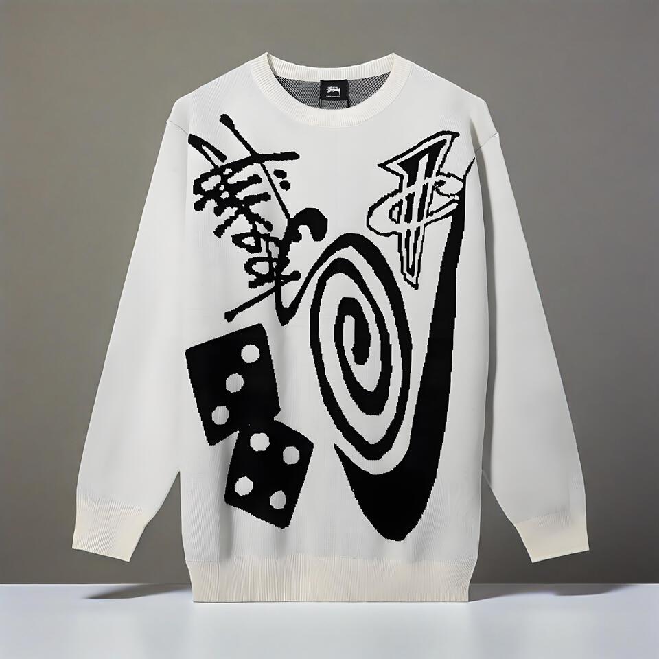 Unisex Cream Print Sweater Street Style Cotton Blend
