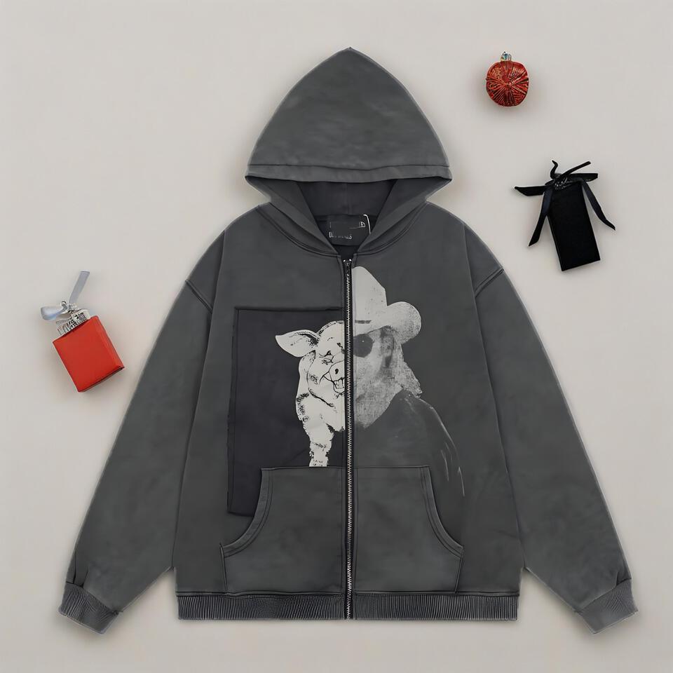 Unisex Dark Grey Hoodie Street Art Print Oversized Cotton