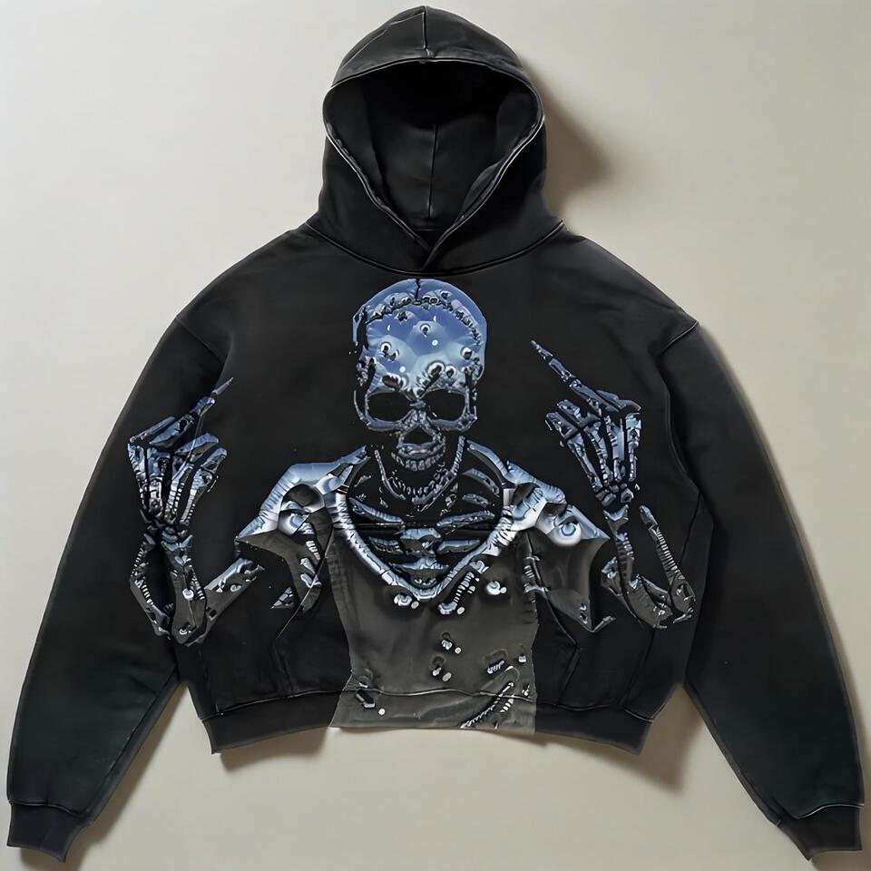Unisex Dark Street Skeleton Print Fleece Hoodie