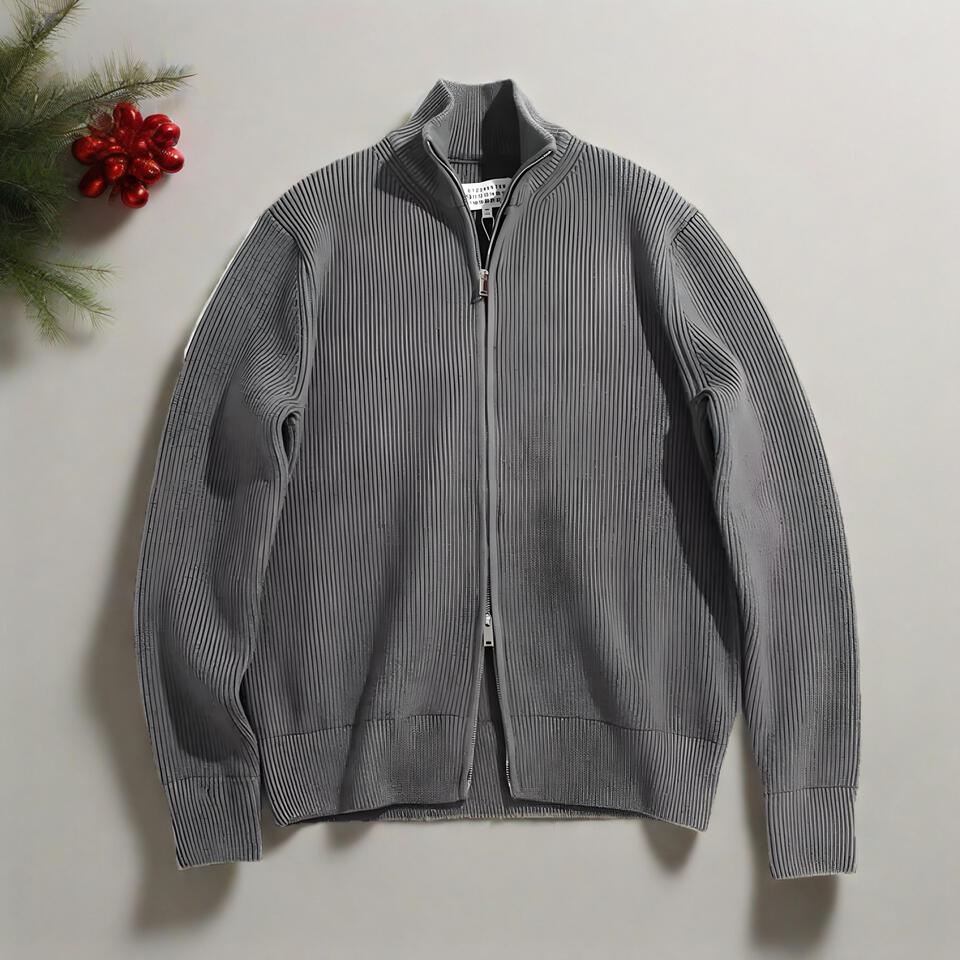 Unisex Gray High-Neck Zip Knit Cardigan Warm Casual