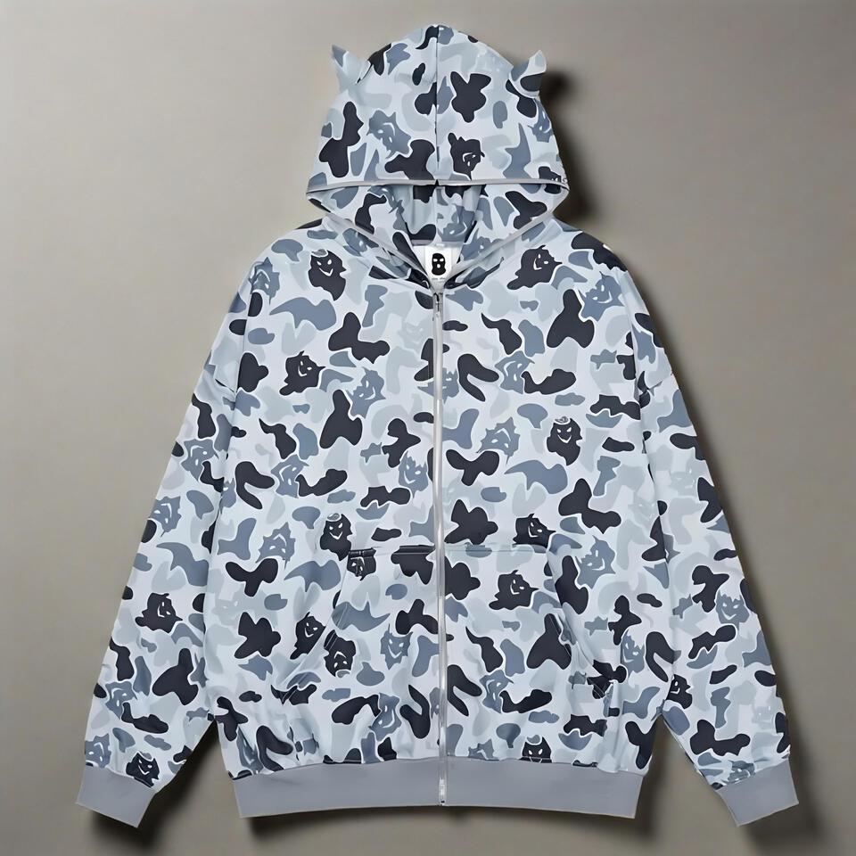 Unisex Light Blue Camo Hoodie with Cat Ears