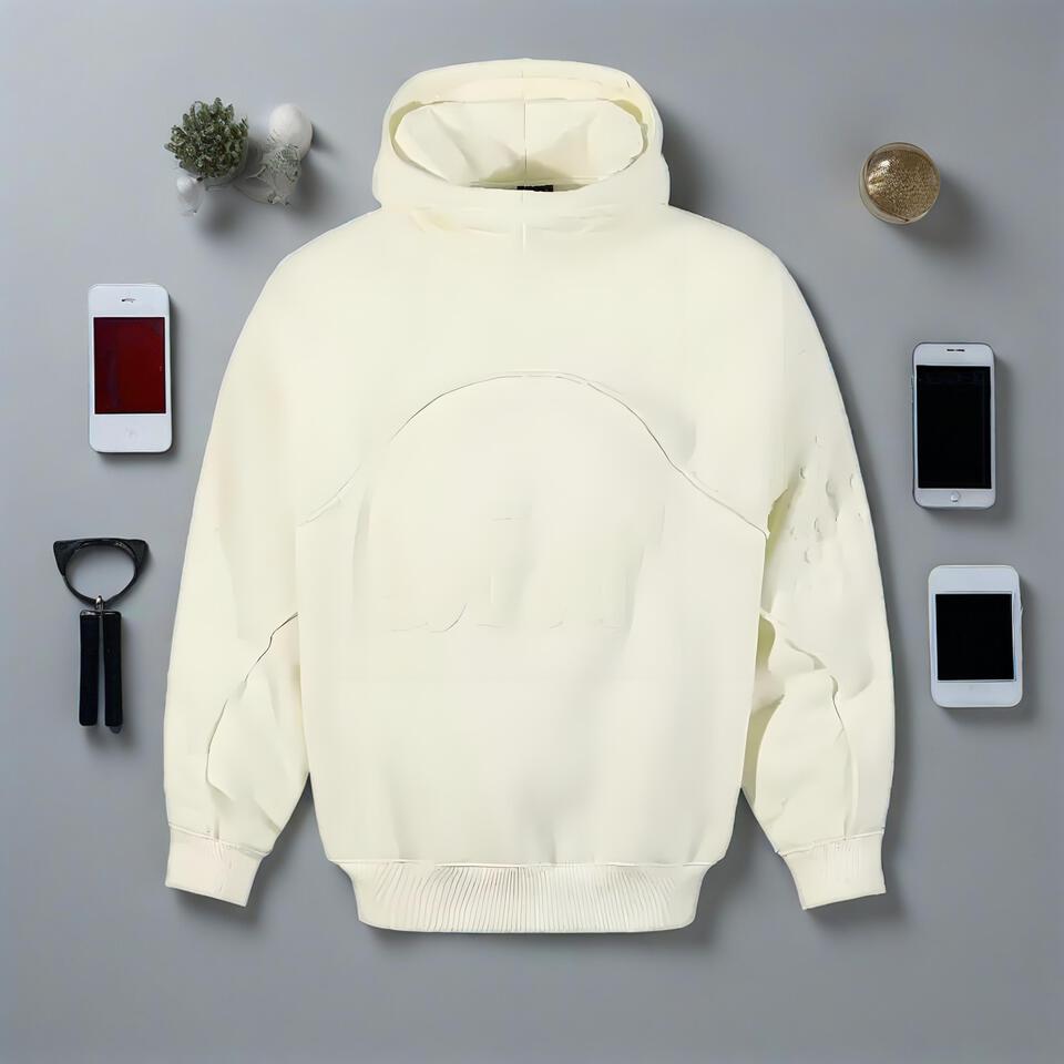 Unisex Off-white Hooded Sweatshirt Streetwear Embossed Loose Fit