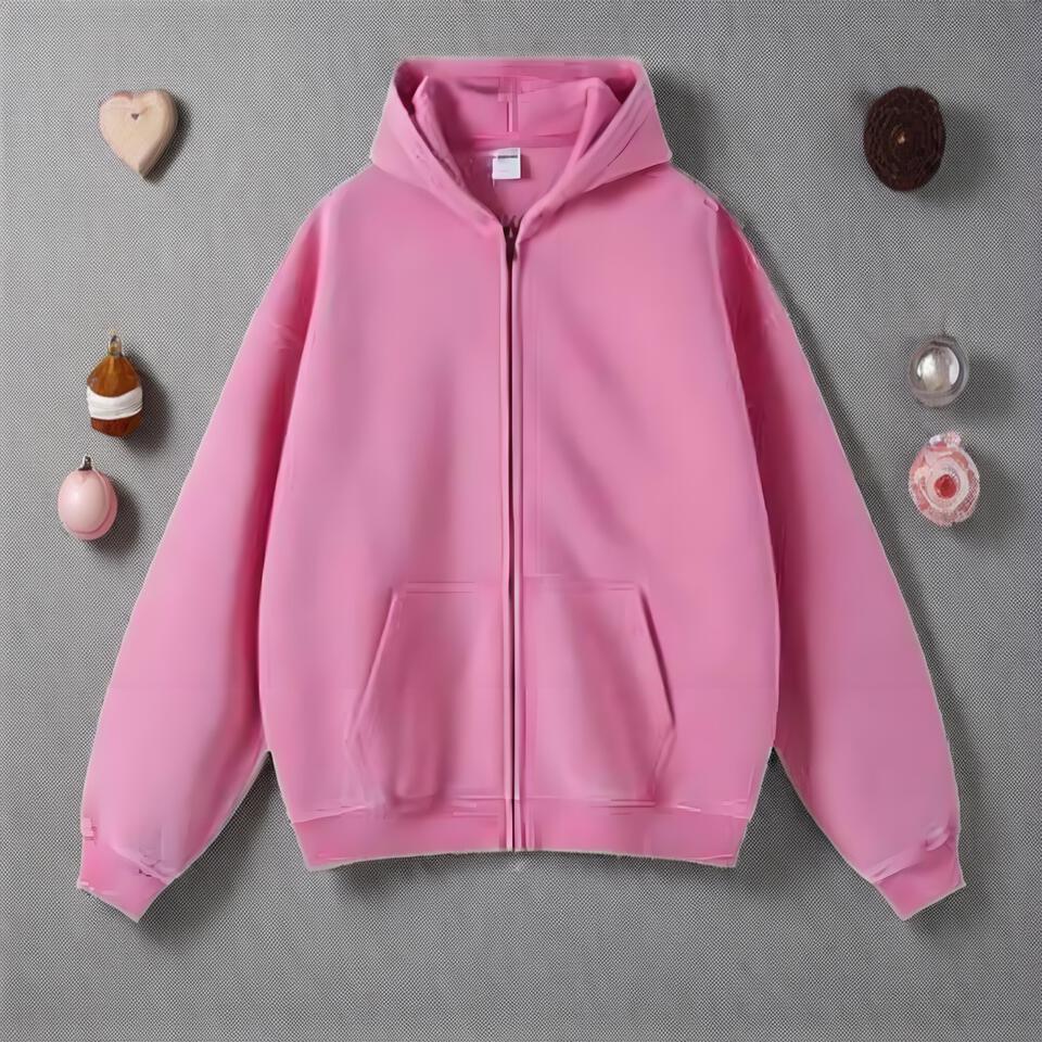 Unisex Pink Cotton Hooded Zip-Up Sweatshirt