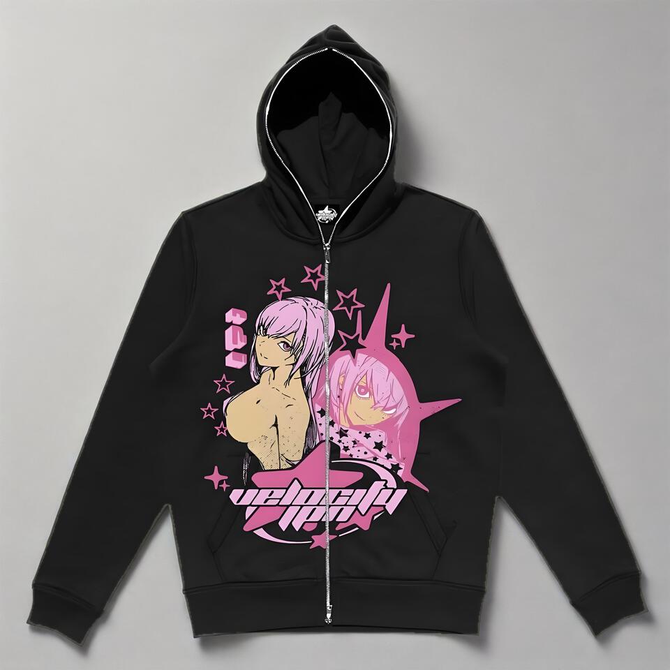 Unisex Pink Hoodie Street Anime Print Casual Cotton Sweatshirt