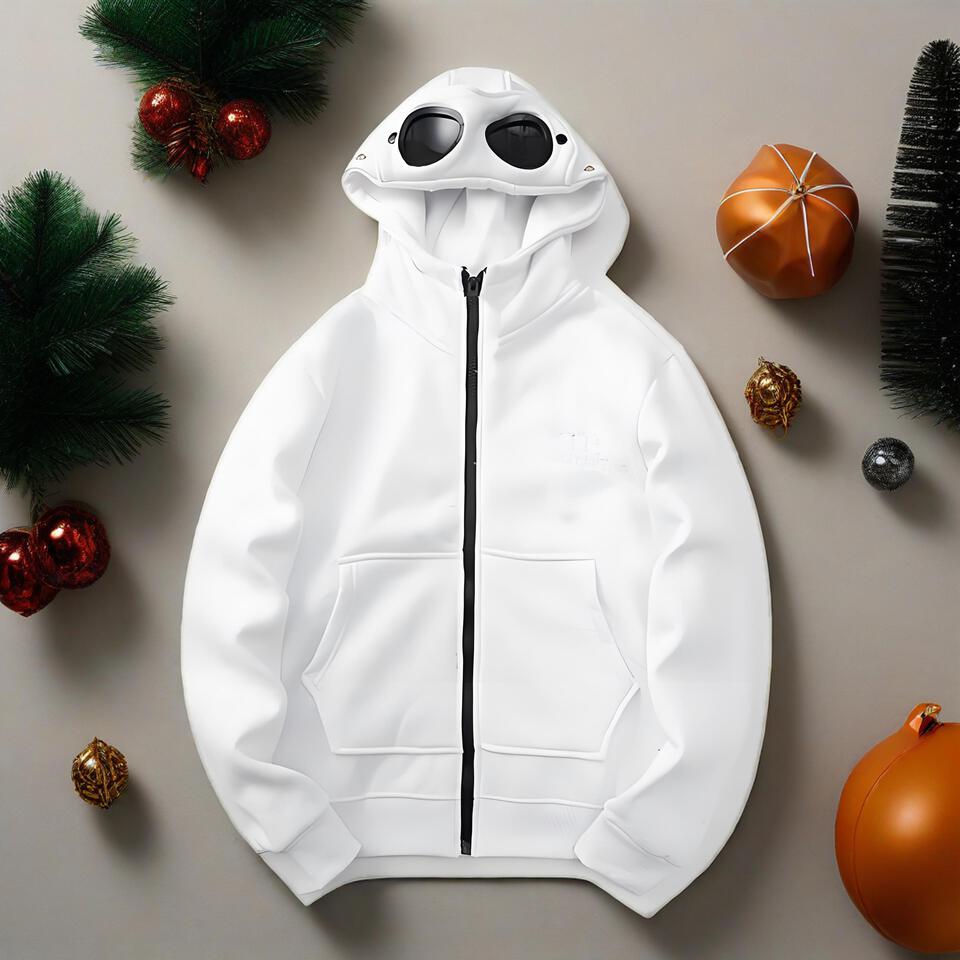 Unisex White Cotton Hoodie With Black Goggles