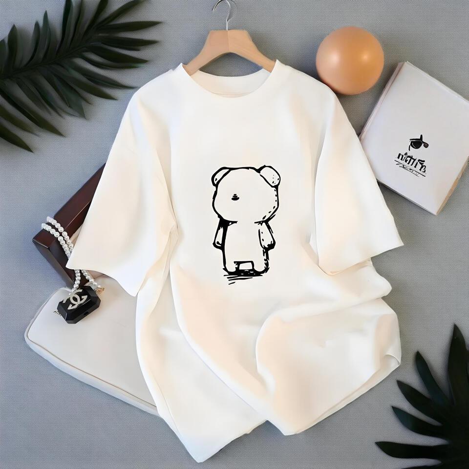 Unisex White Loose Cotton T-Shirt With Bear Print
