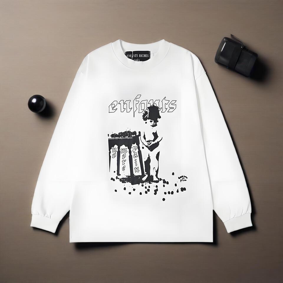 Unisex White Loose Fit Print Cotton Long Sleeve Tee