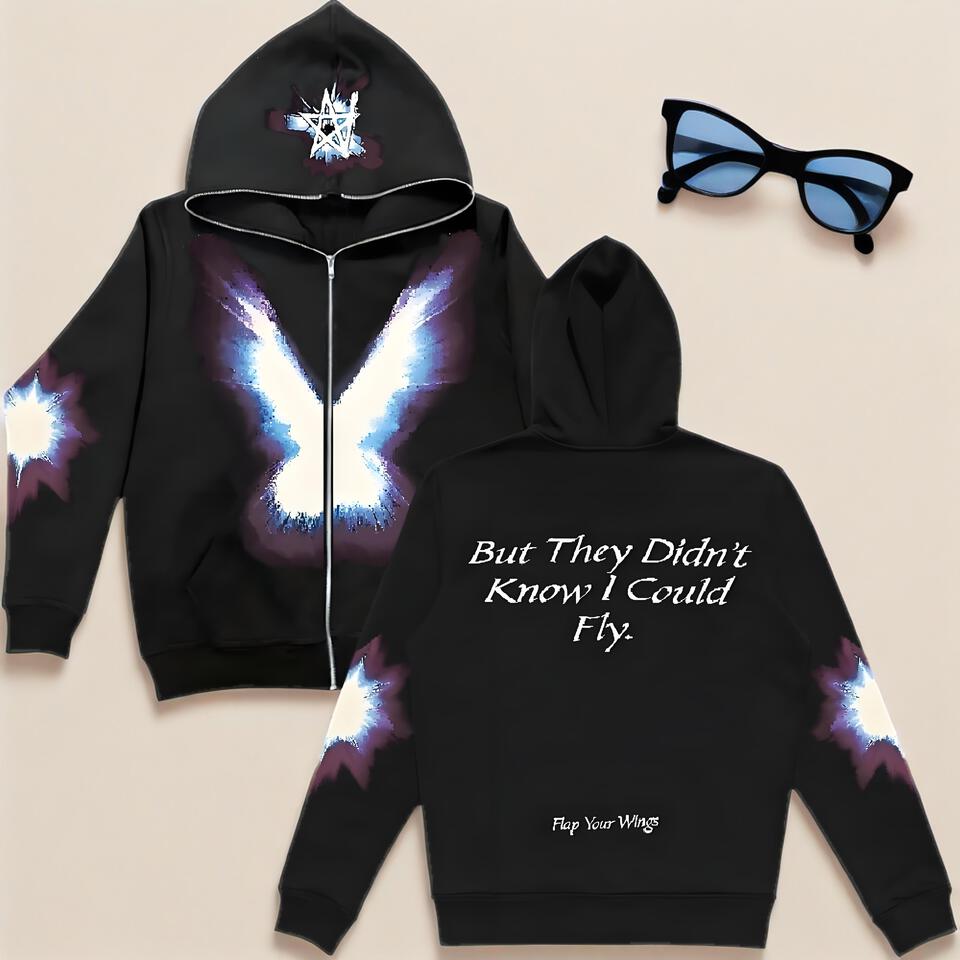 Urban Unisex Black Cotton Hoodie with Butterfly Wings Print