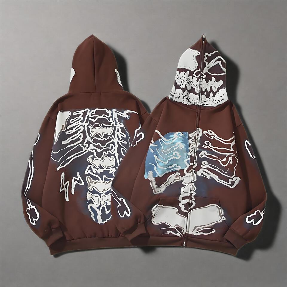 Urban Unisex Brown Zip-Up Hoodie with Skeleton Print