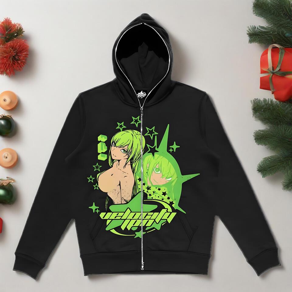 Velocity Flex Hoodie Anime Print Fluorescent Green Unisex Streetwear