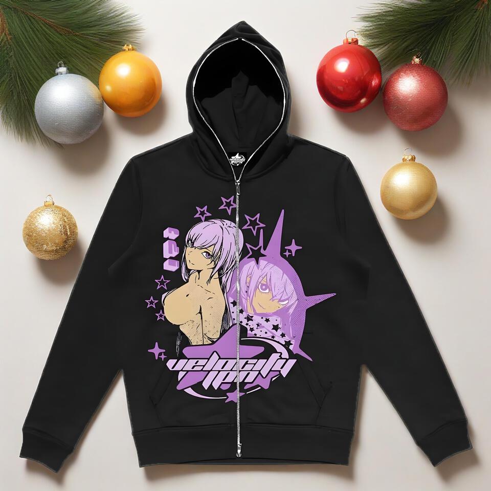 VELVET Black Cotton Anime Print Hooded Sweatshirt