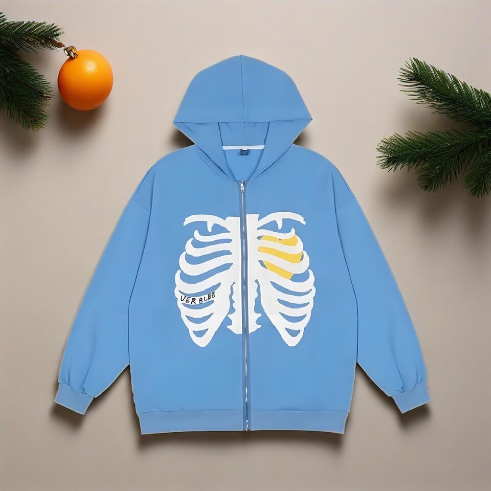 VERSLEB Skeleton Print Hoodie Unisex Streetwear Pullover