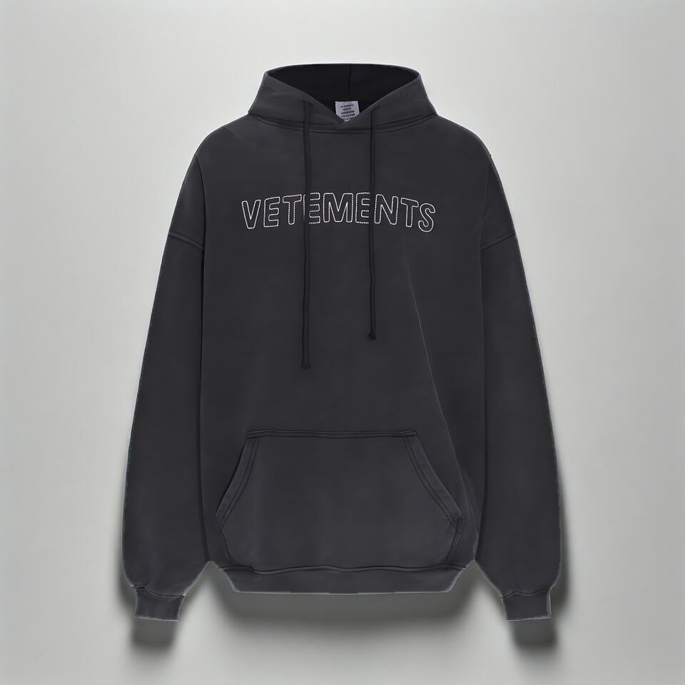 Vetements Black Hoodie Unisex Vintage Embroidered Streetwear