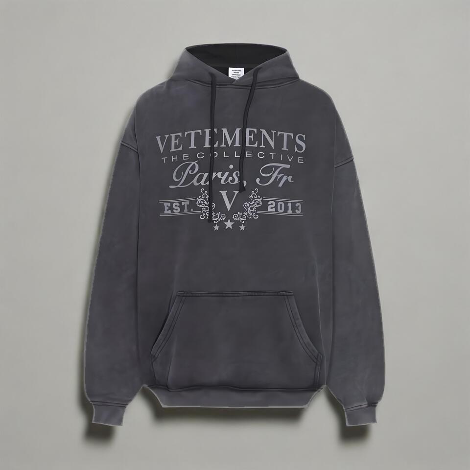 Vetements Grey Cotton Hoodie Retro Print Streetwear Oversized