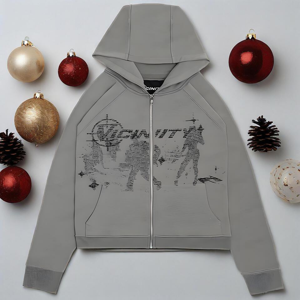 Vicnit Gray Hooded Zip-Up Sweatshirt Unisex Streetwear Print