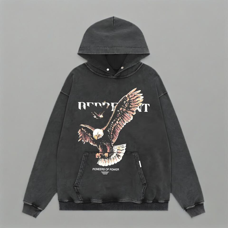 Vintage Black Cotton Hoodie With Eagle Print