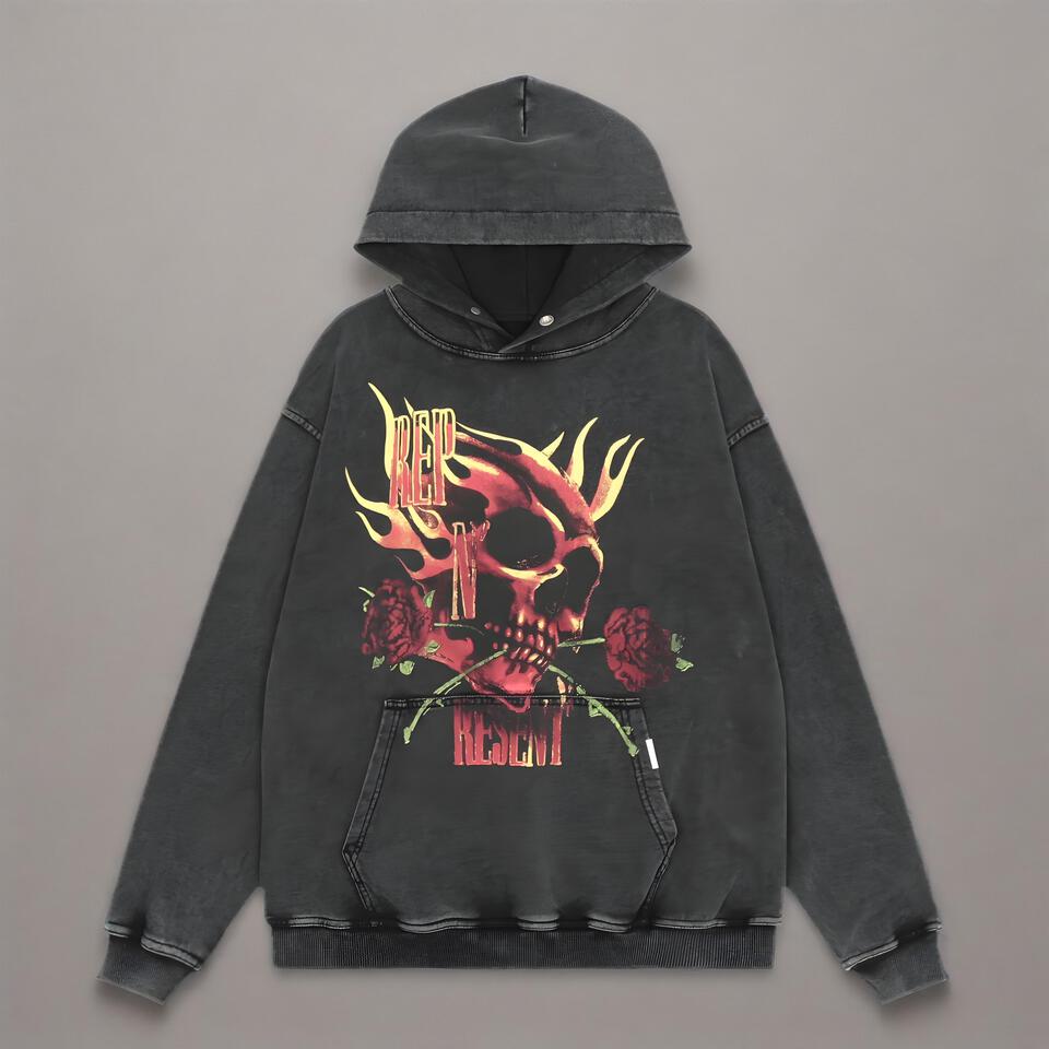 Vintage Black Cotton Hoodie With Skull Flame