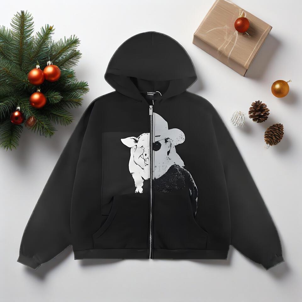 Vintage Black White Print Unisex Hooded Sweatshirt