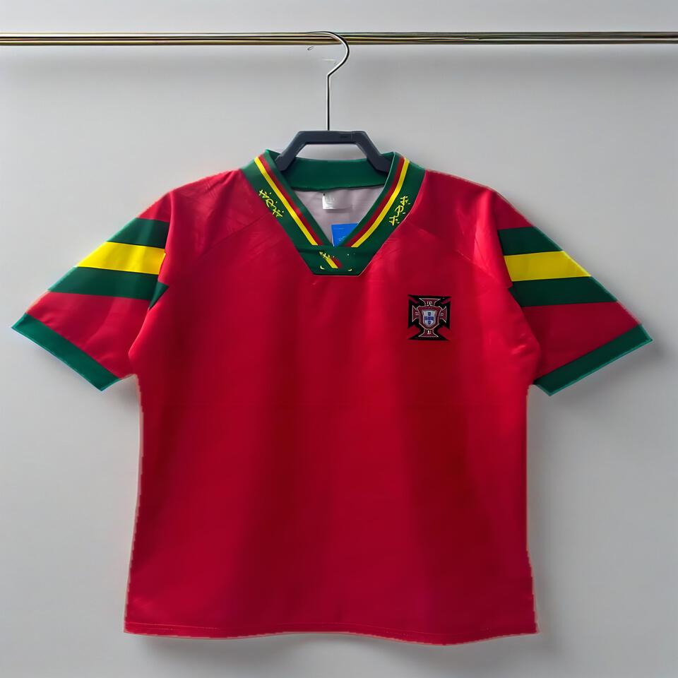 Vintage Portugal Football Jersey Red Green Striped Breathable Short Sleeve