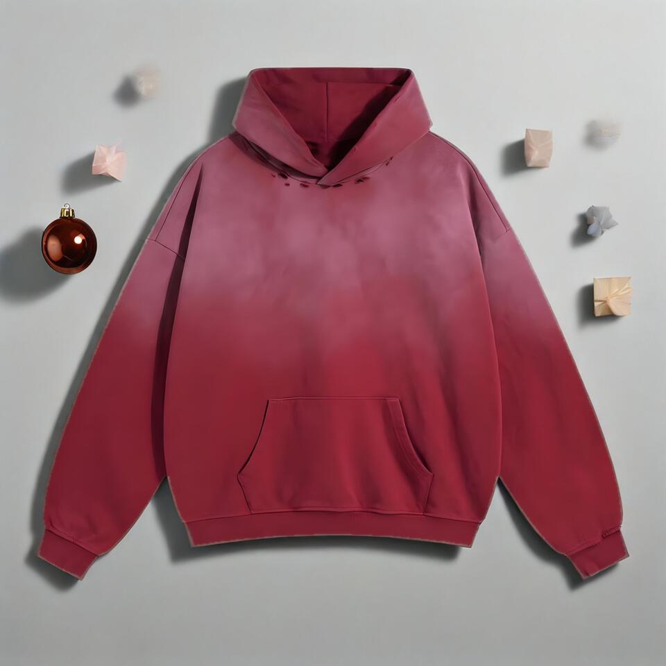 Wine Red Gradient Cotton Distressed Hoodie Street Oversized