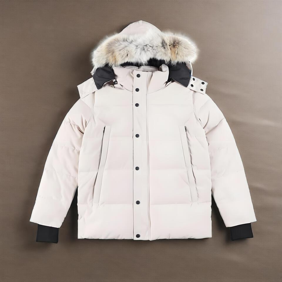 Winter Beige Hooded Parka with Detachable Fur Trim