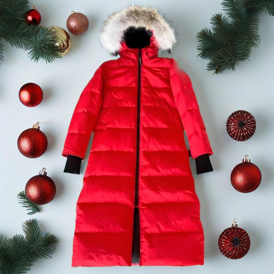 Winter Red Long Puffer Coat Warm Windproof