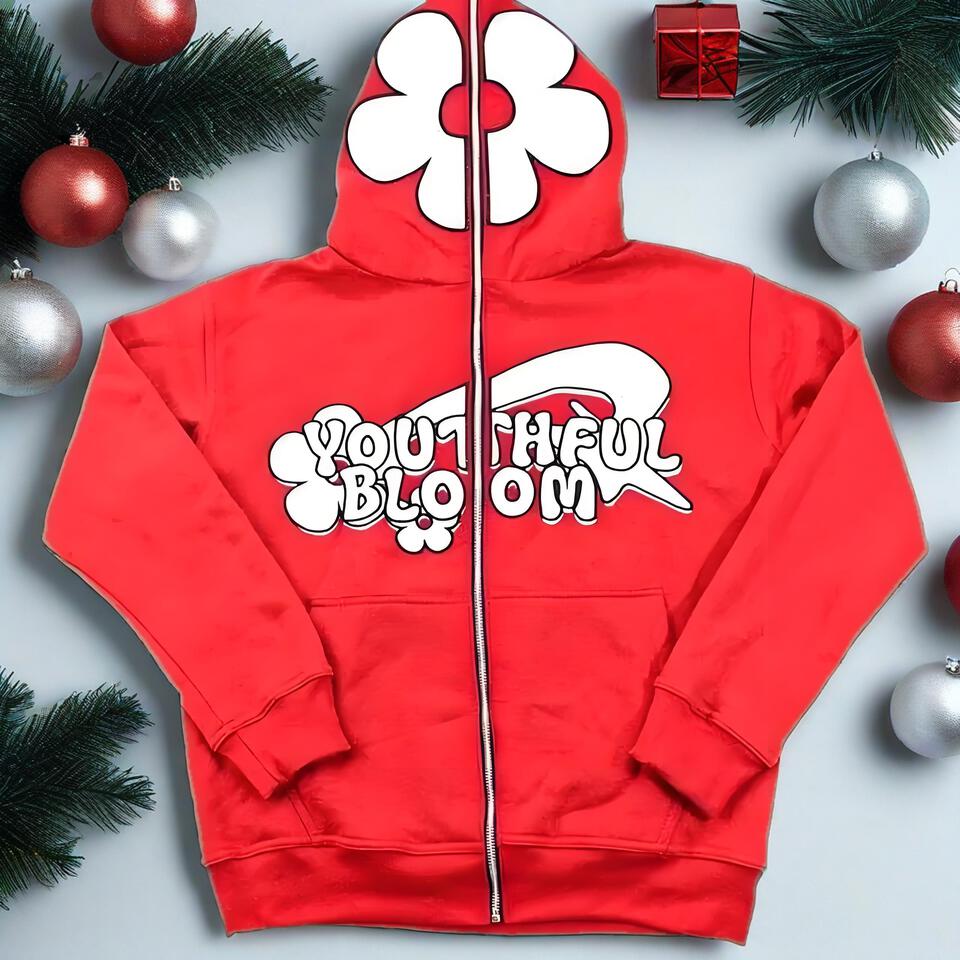 Youthful Bloom Red Cotton Hoodie Unisex Streetwear